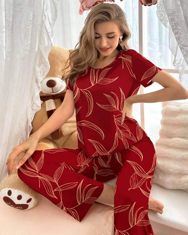 Pyjama rouge imprimé bambou pour femme, haut à manches courtes et pantalon ajustable|7,19 €|OKKO MODE