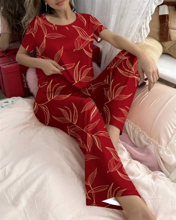 Pyjama rouge imprimé bambou pour femme, haut à manches courtes et pantalon ajustable|7,19 €|OKKO MODE