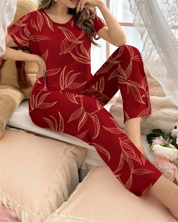 Pyjama rouge imprimé bambou pour femme, haut à manches courtes et pantalon ajustable|7,19 €|OKKO MODE