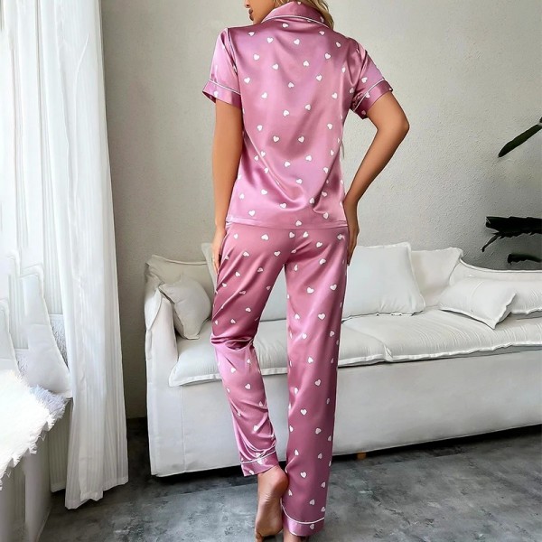 Pyjama en satin imprimé cœur pour femme, manches courtes et boutons|13,49 €|OKKO MODE