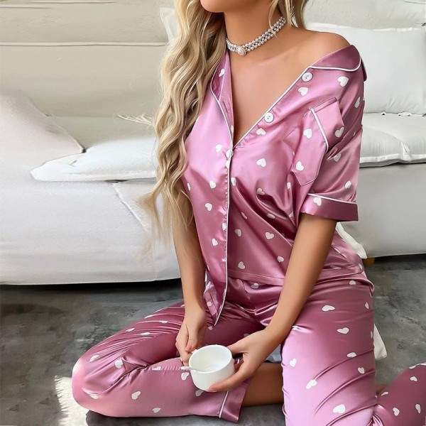 Pyjama en satin imprimé cœur pour femme, manches courtes et boutons|13,49 €|OKKO MODE