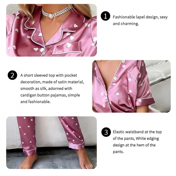 Pyjama en satin imprimé cœur pour femme, manches courtes et boutons|13,49 €|OKKO MODE