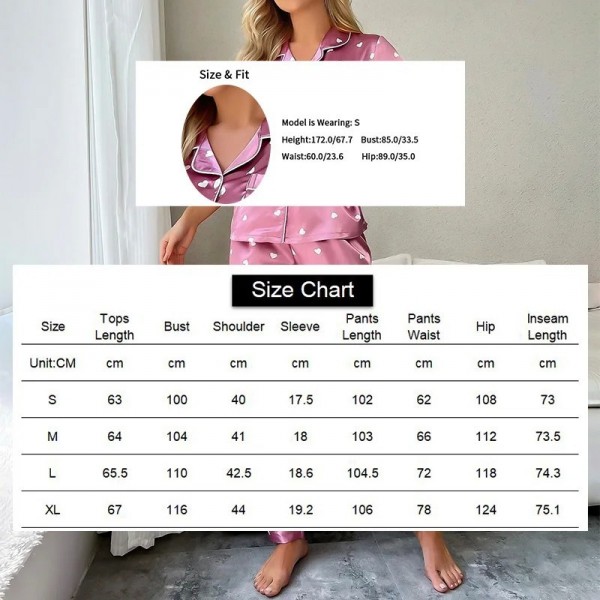 Pyjama en satin imprimé cœur pour femme, manches courtes et boutons|13,49 €|OKKO MODE