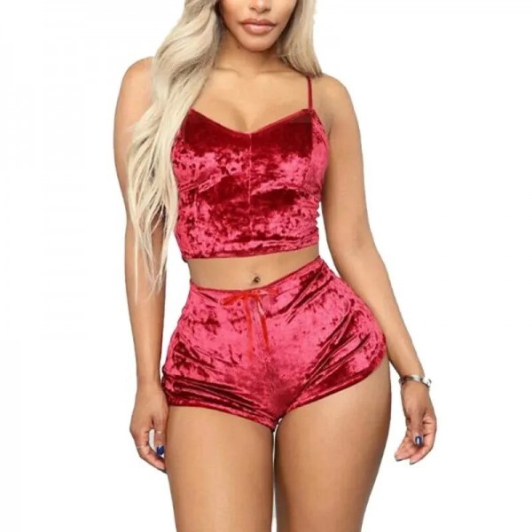 Ensemble de pyjama à bretelles sexy pour femmes, sous-vêtements confortables col en V velours|4,49 €|OKKO MODE