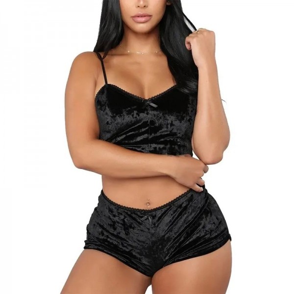 Ensemble de pyjama à bretelles sexy pour femmes, sous-vêtements confortables col en V velours|4,49 €|OKKO MODE