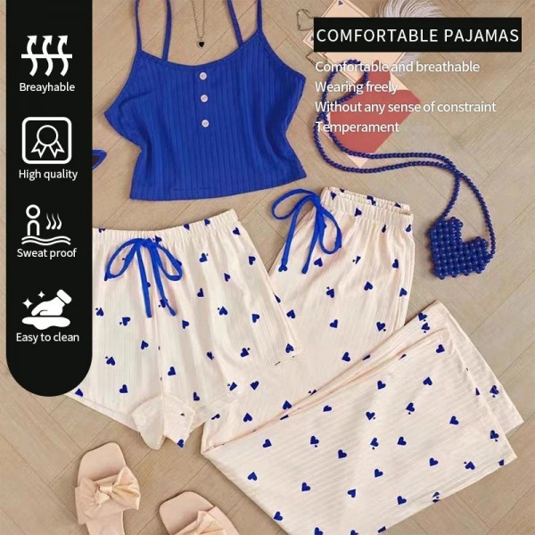 Ensemble de pyjama trois pièces pour femme, short en émail imprimé et pantalon avec nœud juxtaposé|9,89 €|OKKO MODE