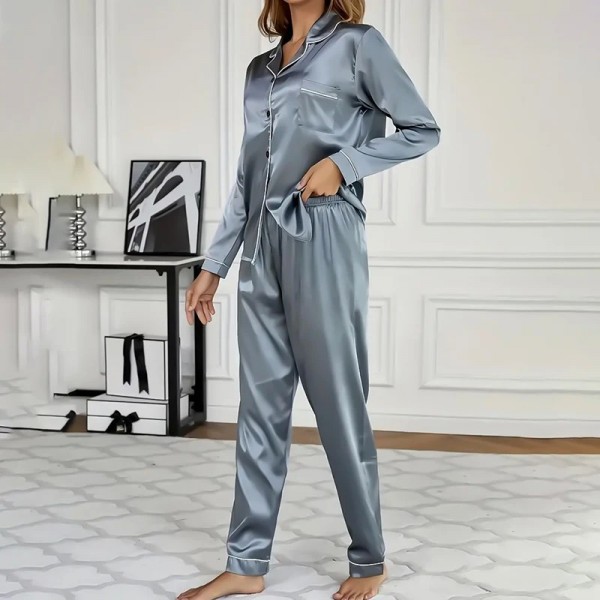 Ensemble de pyjama en satin pour femme, haut à revers boutonné et manches longues|11,69 €|OKKO MODE