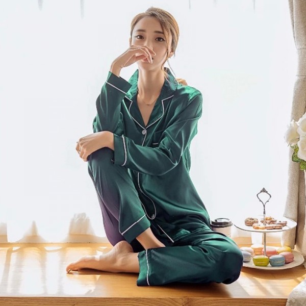 Ensemble de pyjama en satin pour femme, haut à revers boutonné et manches longues|11,69 €|OKKO MODE