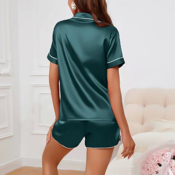 Ensemble de pyjama à imprimé cœur pour femme, haut boutonné doux et short élastique|10,79 €|OKKO MODE