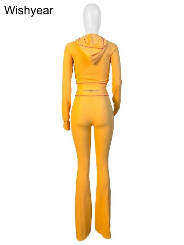 Ensemble jogging femme jaune à capuche et pantalon évasé|23,39 €|OKKO MODE