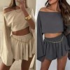 Ensembles de shorts en lin 2 pièces pour femmes, haut court à manches longues et jupes décontractées assorties|14,39 €|OKKO MODE