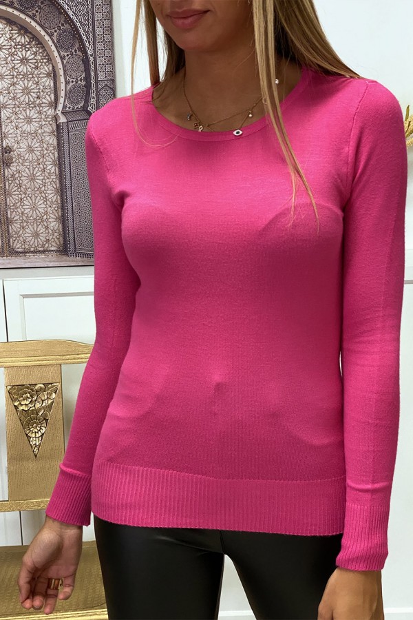 Pull fuchsia col rond en maille tricot très extensible et très doux - 2