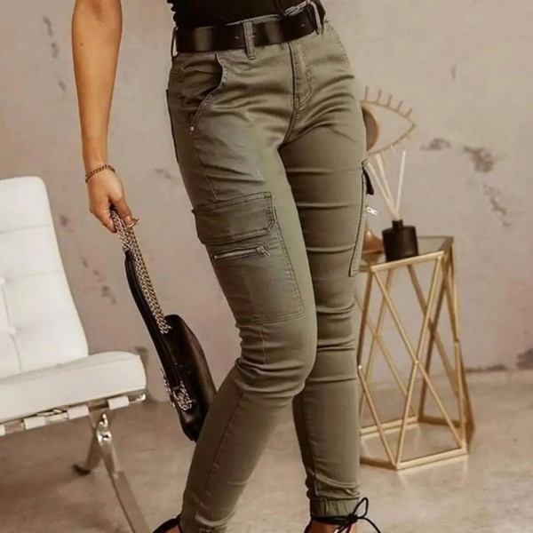 Pantalon cargo taille basse pour femme, pantalon slim, vert kaki, noir ou gris|7,19 €|OKKO MODE