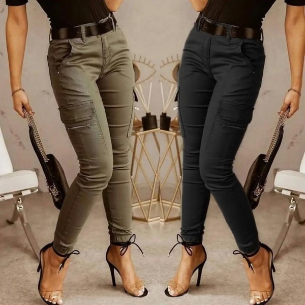 Pantalon cargo taille basse pour femme, pantalon slim, vert kaki, noir ou gris|7,19 €|OKKO MODE