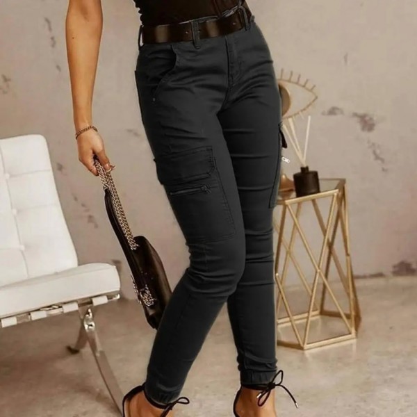 Pantalon cargo taille basse pour femme, pantalon slim, vert kaki, noir ou gris|7,19 €|OKKO MODE