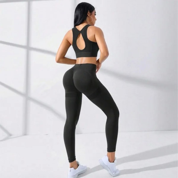 Ensemble de yoga basique sans couture, haut de gamme avec caraco à dos entrecroisé et leggings|13,04 €|OKKO MODE