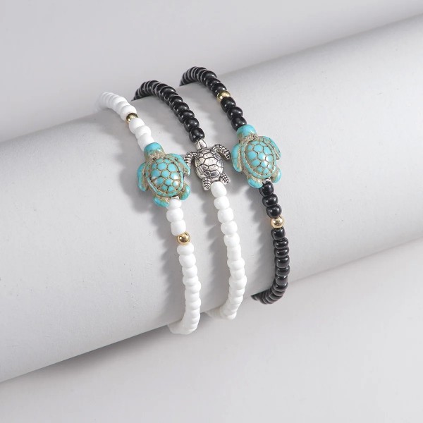 Ensemble Bracelets d'oral ille Multi-Pièces Femme, Style Océan, Tortue, Mélange de Perles Beiges Noires et Blanches, 3 Pièces|2,00 €|OKKO MODE