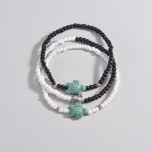 Ensemble Bracelets d'oral ille Multi-Pièces Femme, Style Océan, Tortue, Mélange de Perles Beiges Noires et Blanches, 3 Pièces|2,00 €|OKKO MODE