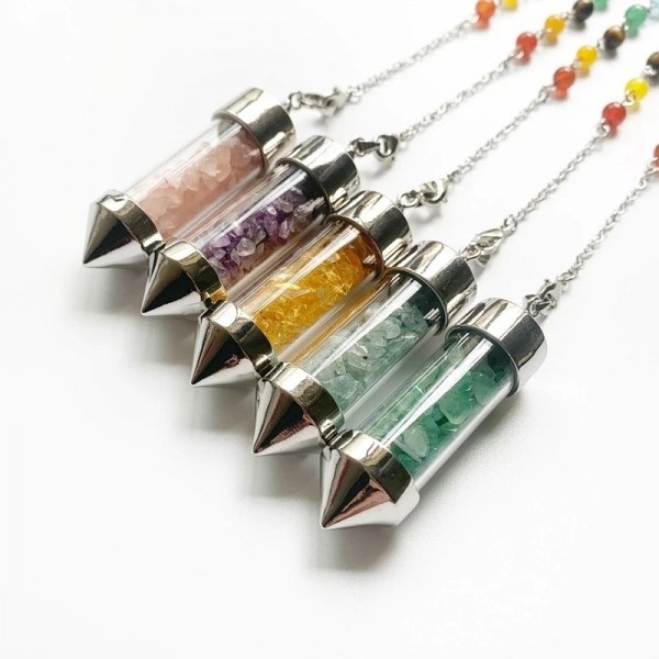 Reiki – pendule de guérison des 7 chakras, pendentif pour radiesthésie, cristal naturel, Quartz, éclats de pierre, alliage de mé|8,99 €|OKKO MODE