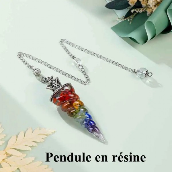 Pendule 7 chakras pointu en cristal d'obsidienne noire pendentif en résine 7 chakras, pierre à puce naturelle adapté à la radie|2,00 €|OKKO MODE