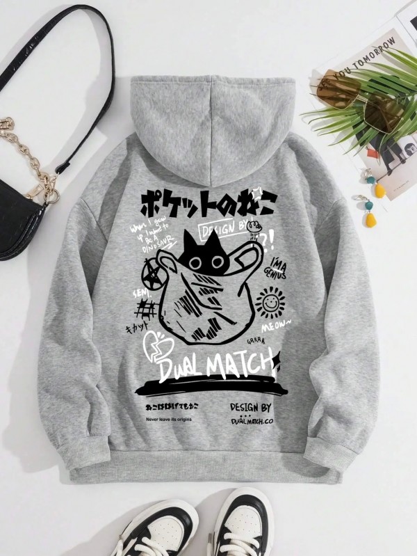 Sweat à capuche imprimé dessin animé chat mignon pour femme|3,24 €|OKKO MODE