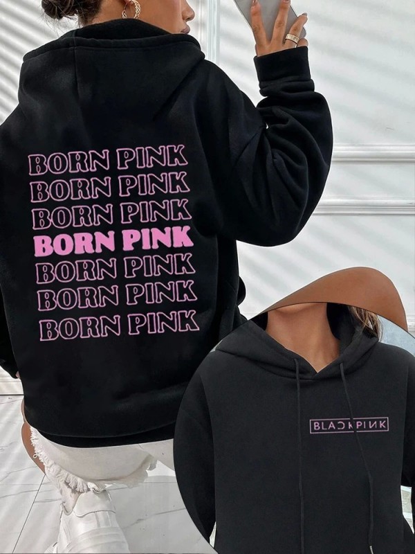 Sudadera con capucha mujer estampado letras, moda pareja negro rosa - Harajuku