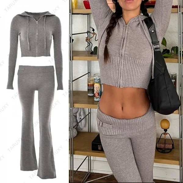 Ensemble Deux Pièces en Tricot Blanc pour Femme, Sweat à Capuche Court et Pantalon Taille Basse|34,03 €|OKKO MODE