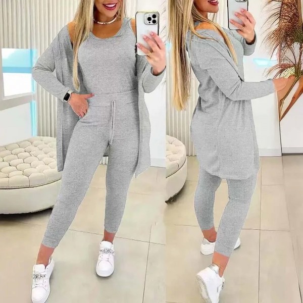 Conjunto 3 Peças Feminino - Camisola Casual, Jaqueta Confortável, Top e Calça Molhada