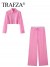 Pink Striped Blouse and Pants Set for Women, Short Sleeve Shirt with Patchwork | $17.26 | OKKO MODE