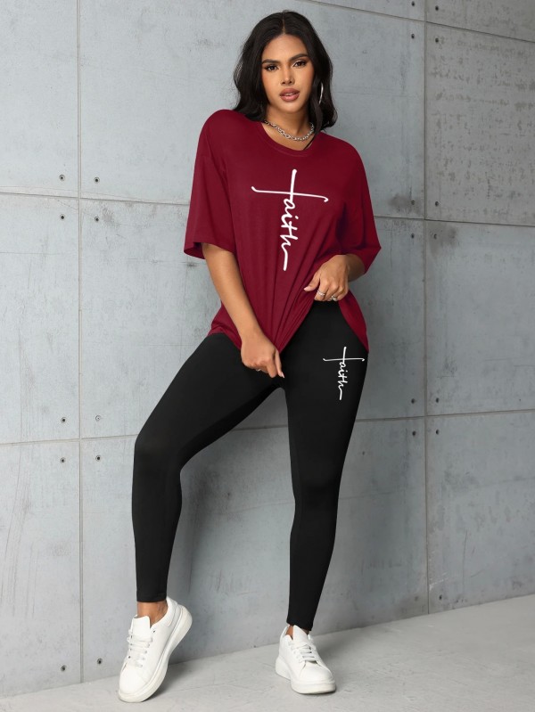 T-shirt ample imprimé Faith Letter pour femme, leggings assortis|6,40 €|OKKO MODE