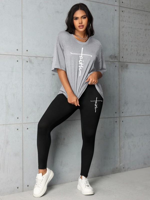 T-shirt ample imprimé Faith Letter pour femme, leggings assortis|6,40 €|OKKO MODE