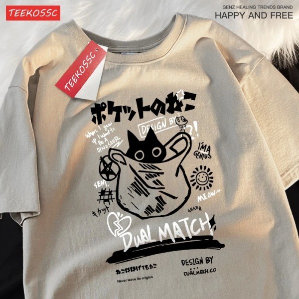 Camiseta japonesa divertida y linda para hombres y mujeres, ropa de gato Harajuku