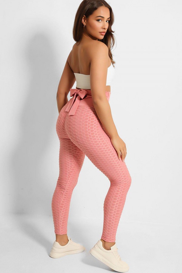 Legging push-up taille haute rose anti-cellulite effet minceur avec noeud au dos - 2