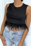 Crop top noir avec plumes sans manches à col rond - 4