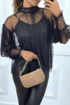 Blouse noire en tulle transparent perlé à col haut - 2