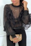 Blouse noir en tulle avec broderie et volant - 2