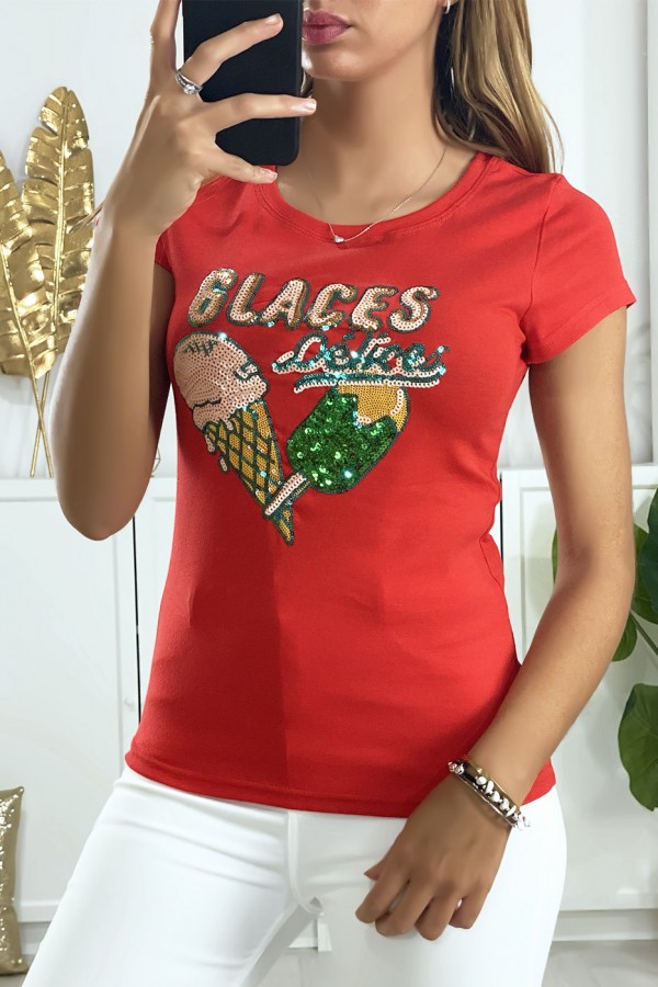 Tee-shirt rouge avec dessin en strass - 1