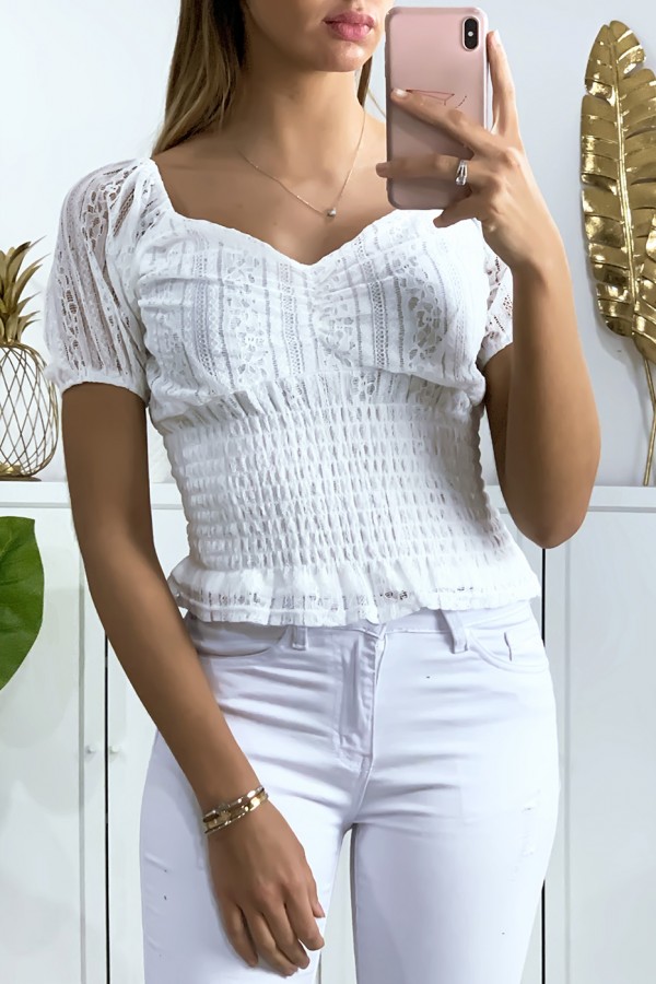 Crop top en dentelle blanc avec élastique à la taille - 2