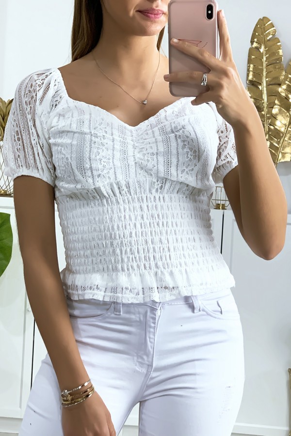 Crop top en dentelle blanc avec élastique à la taille - 3