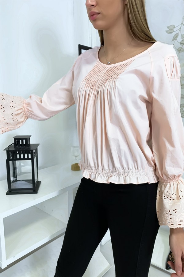 Blouse rose plissé au buste avec volant en dentelle aux manches - 1