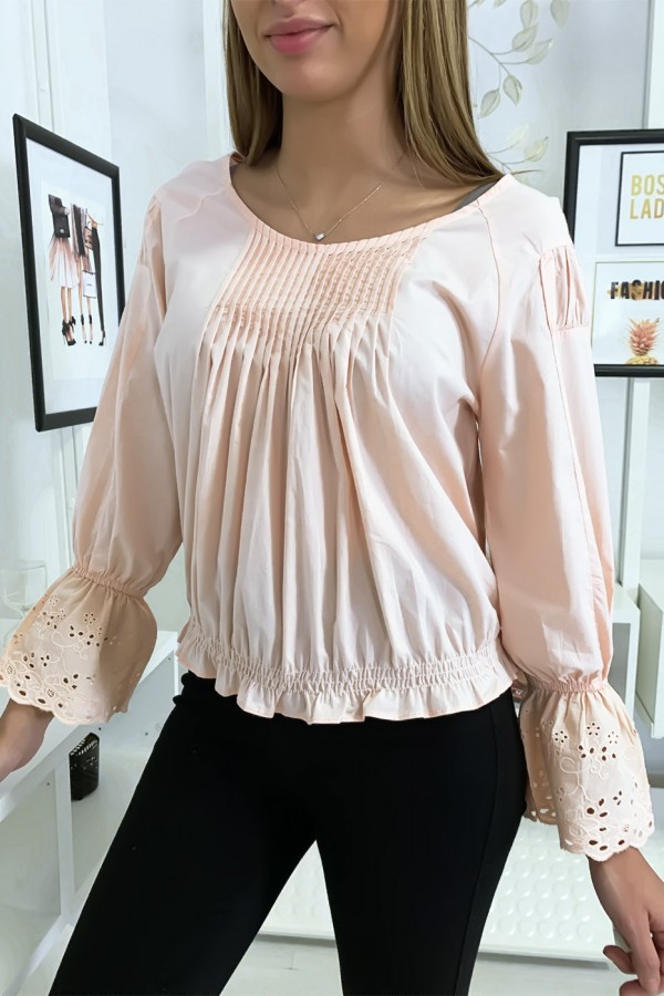 Blouse rose plissé au buste avec volant en dentelle aux manches - 2