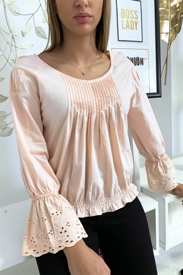 Blouse rose plissé au buste avec volant en dentelle aux manches - 4