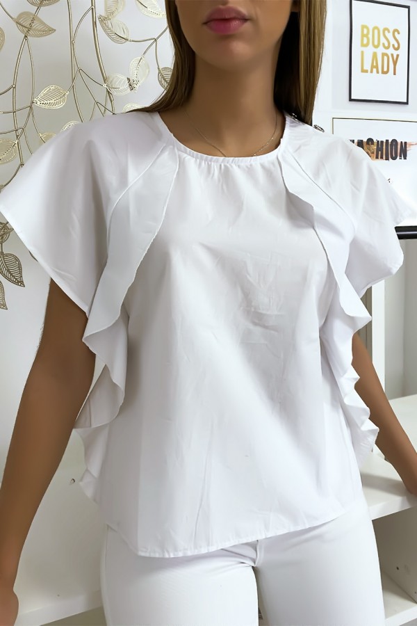 Blouse blanche à volant avec trois boutons à l'épaules - 1