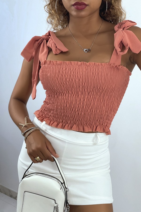 Crop top bustier froncé rose foncé avec bretelle à nouer  - 2