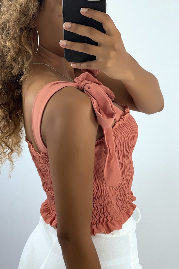 Crop top bustier froncé rose foncé avec bretelle à nouer  - 3