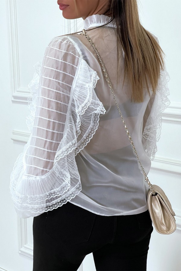 Blouse blanche en tulle avec broderie et volant - 1