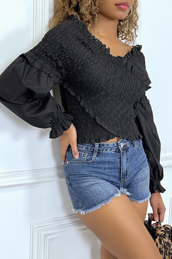 Blouse plissée noire, à manches longues bouffantes - 6