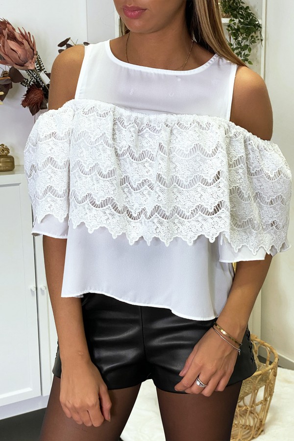 Blouse blanche à épaules dénudées et doublure crochet - 1