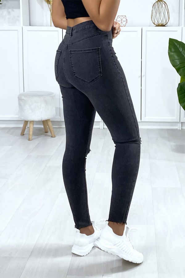 Jeans slim en anthracite déchiré aux genoux avec poches à l'arrière - 4