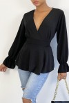 Blouse cache-coeur pailletée noire à volants - 3